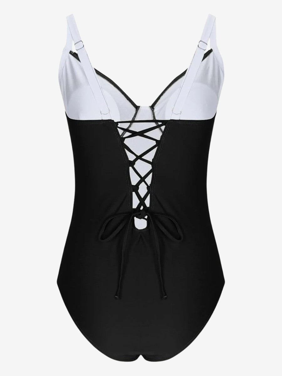 Maillot De Bain 1 Pièce Ventre Plat noir vue de dos avec lacets pour un effet amincissant