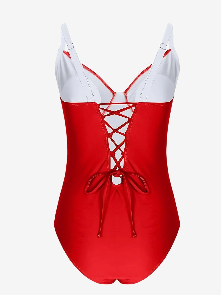 Maillot De Bain 1 Pièce Ventre Plat rouge vue de dos avec lacets pour un effet sablier parfait
