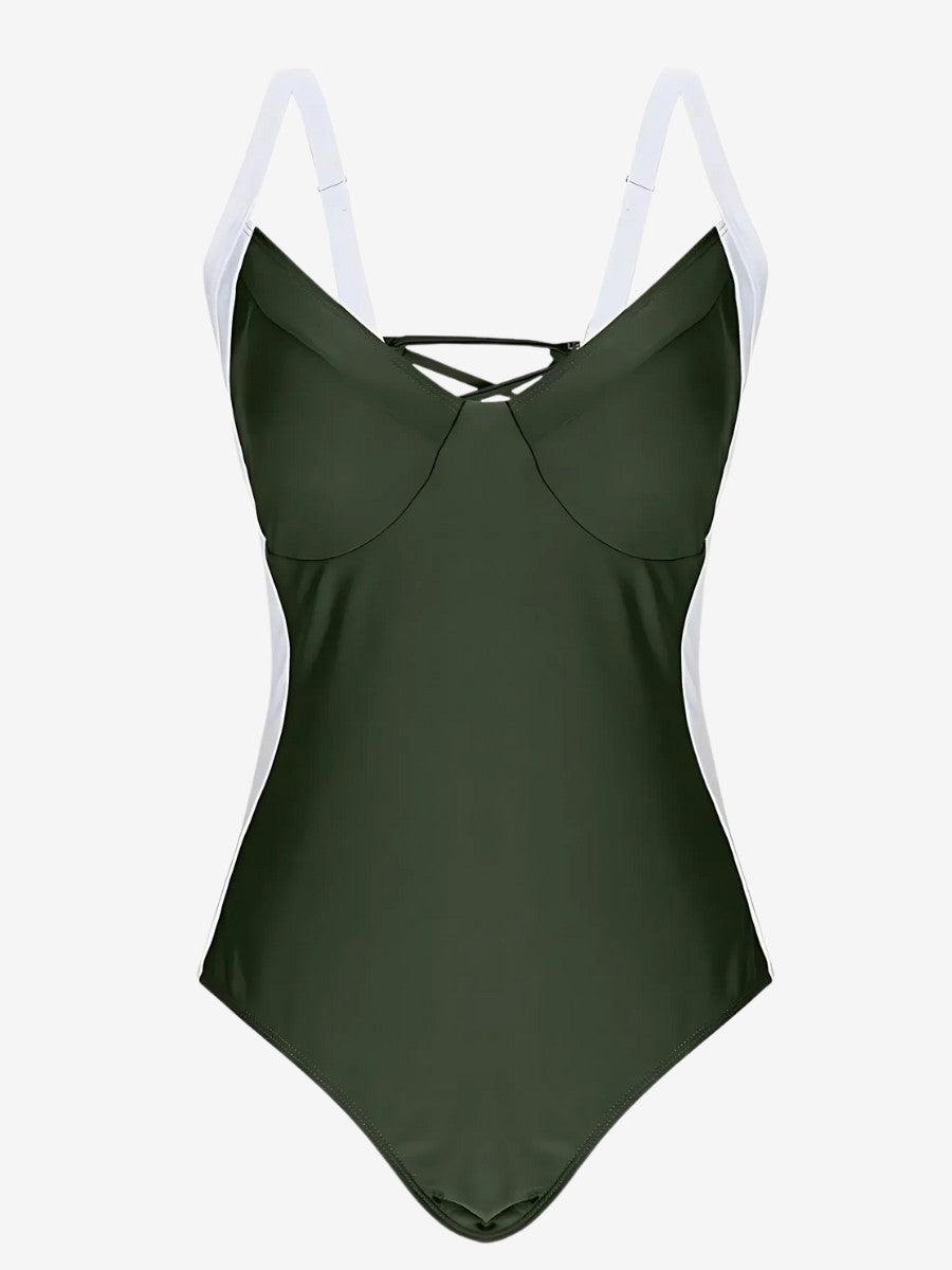 Maillot De Bain 1 Pièce Ventre Plat vert armée vue de face avec sotien gorge integré