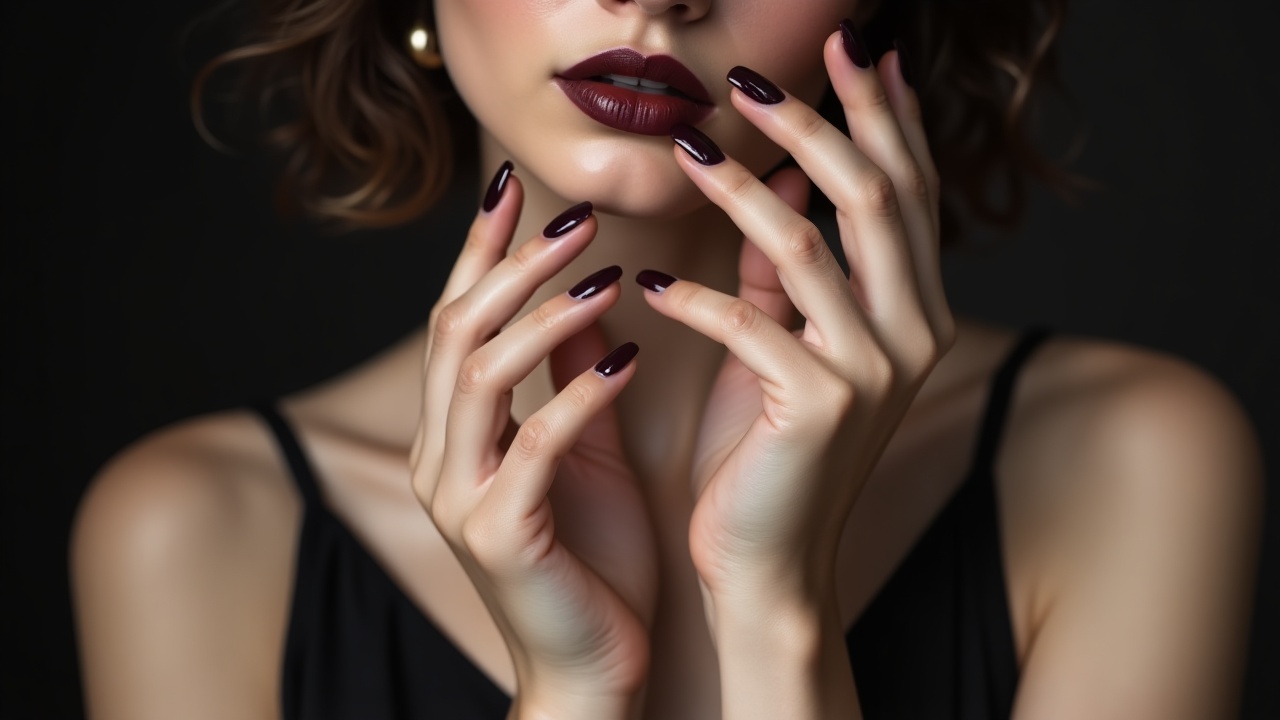 Femme élegante montrant des faux ongles autocollants, de style nail art.  Image en coleurs