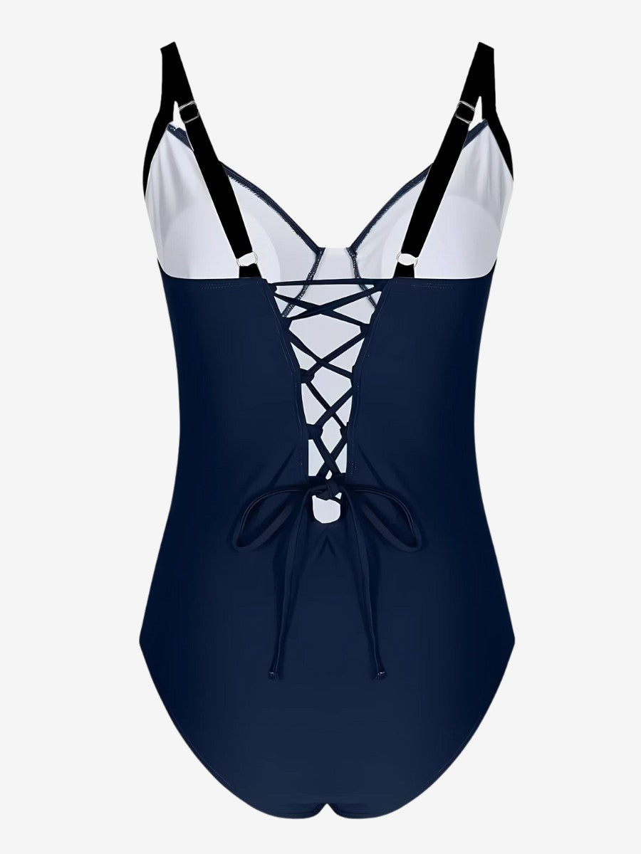 Maillot De Bain 1 Pièce Ventre Plat bleu marine vue de dos avec lacets integrés pour un effet scultpant 