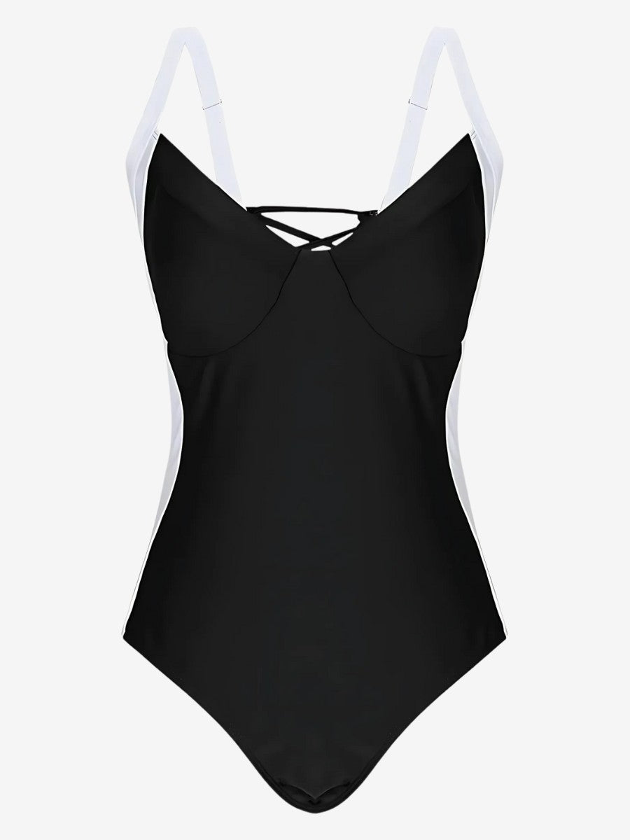 Maillot De Bain 1 Pièce Ventre Plat noir vue de face effet fainant grace aux lacets