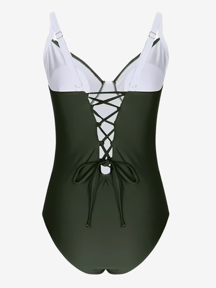 Maillot De Bain 1 Pièce Ventre Plat vert armée vue de dos   avec lacets pour remodeler votre corps