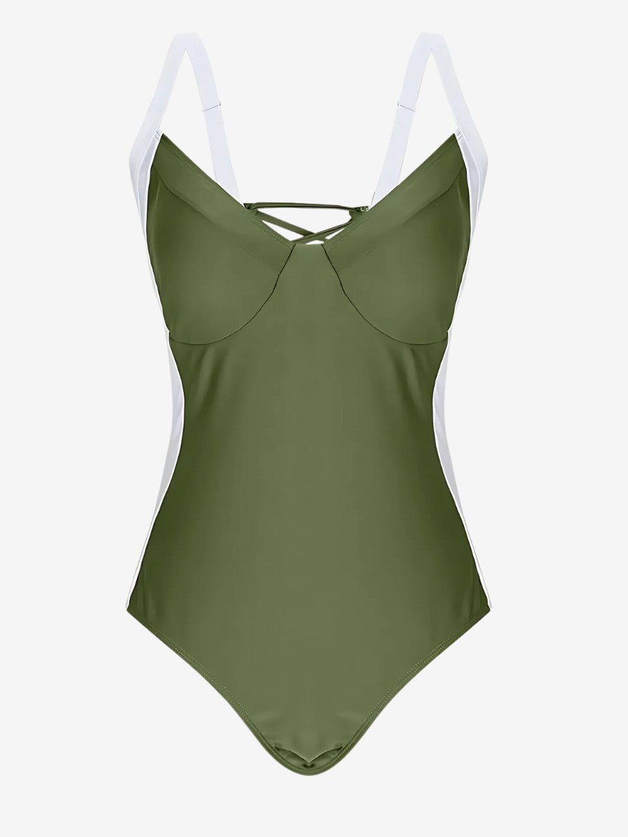 Maillot De Bain 1 Pièce Ventre Plat vert olive vue de face pour un effet ventre plat