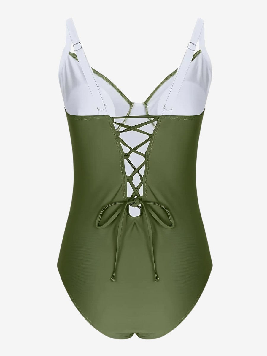 Maillot De Bain 1 Pièce Ventre Plat vert olive vue de dos avec lacets pour gainer 