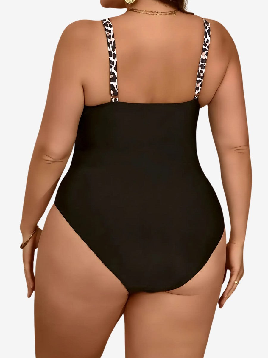 Maillot De Bain Gainant Ventre Plat noir vue de dos avec bretelles fixes léopard