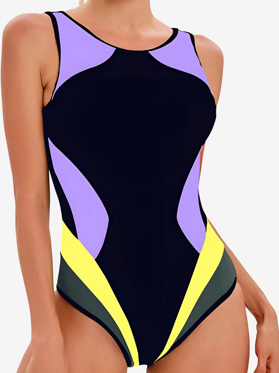 Maillot de Bain 1 Pièce Sculptant jaune et violet pour un look tendance même dans les conditions els plus extremes